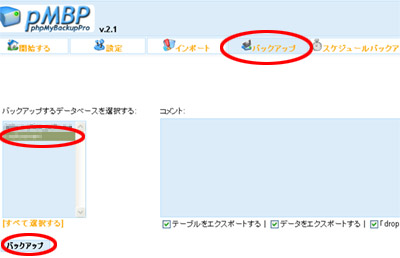 phpMyBackupProの手動バックアップ画面